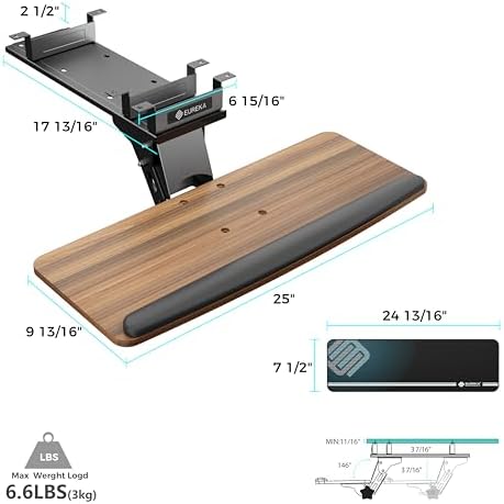 EUREKA ERGONOMIC Keyboard Tray Height Adjustable, Swivel Tilt Computer Keyboard Drawer Under Desk, 25x9.13'' Sliding Keyboard & Mouse Platform with Mouse Pad for Typing, Walnut