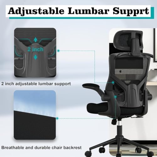 Ergonomic Office Chair, High Back Mesh Computer Chair with Molded Foam Cushion, Adjustable Headrest, Lumbar Support, Tilt Lock and Coat Hanger for Home Office (Obsidian Black)