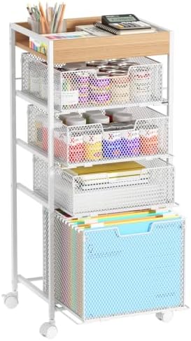SWTYMIKI Rolling File Cart with Drawers - 5 Tier Art Craft Rolling Organizer Cart - Office Storage &Organization, Mobile Metal File Cabinet for Office and Home White
