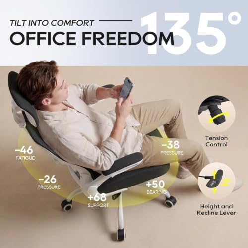 Ergonomic Office Chair for Long Hours, Adjustable Padded Lumbar Support for Lower Back Relief, 330 lb Capacity, Comfortable Computer Desk Chair for Home Office, Work & Study