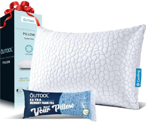 QUTOOL Cooling Pillow for Sleeping, CertiPUR-US Shredded Memory Foam Queen Pillow Set of 1, Cool Pillow for Hot Sleepers Adjustable Firm Pillow for Side, Back, Stomach Sleepers Soft Yet Support, White