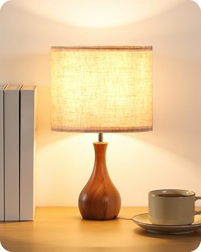 Small Table Lamp, 14.2" Wood Bedside Lamp, Little Cute Desk Lamp with Dark Wood Bottle-Shaped Base & Beige Linen Lampshade, Nightstand Lamp for Bedroom, Small Space, E26 Socket, LE09TL05