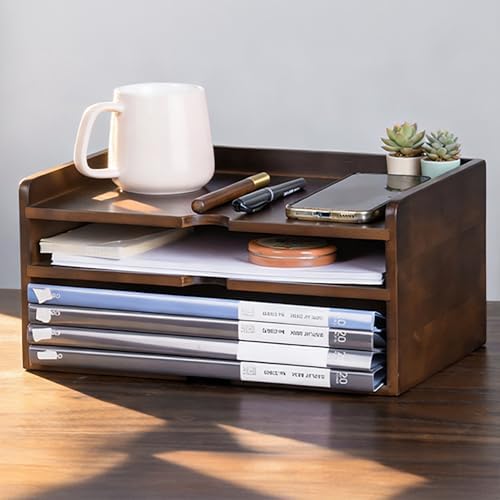 Wooden Desk Organizer with File Sorter, Stackable Paper Tray & Mail Holder