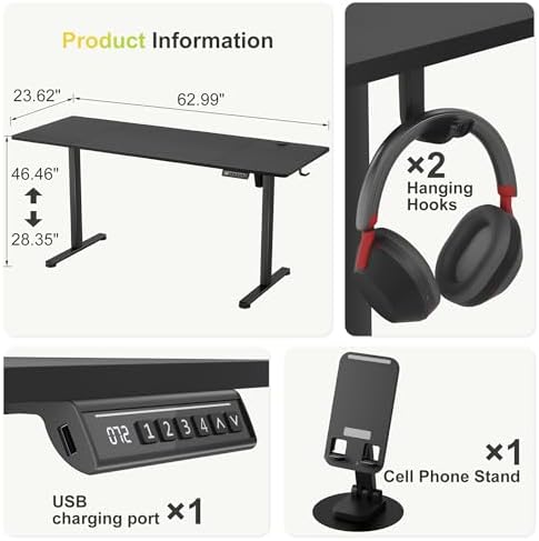 Furmax 63 Inches Electric Standing Desk, Home Office Desk with Phone Holder