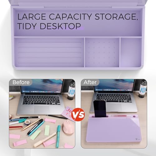 TOWON Compact Glass Desktop Whiteboard with Storage 12x7 in, Lavender