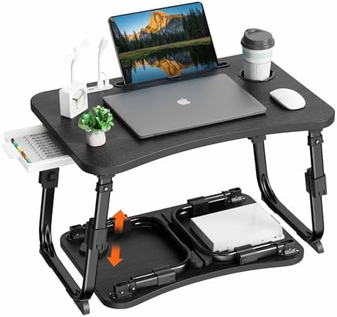 BYMECOST Laptop Desk for Bed, Height Adjustable Laptop Bed Table, Foldable Portable Lap Desk Stand with USB/Storage Drawer/Cup Holder/Slot, Breakfast Tray for Working Reading Writing Eating