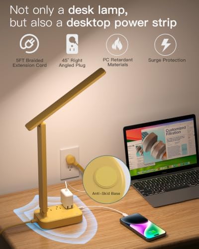 Addtam LED Desk Lamp, Power Strip with 3 Outlets 4 USB Charging Ports(2 USBC), 4 Modes 5 Level Brightness Touch Lamp, Small Desk Lamp for Home Office College Dorm Room Essentials, Yellow