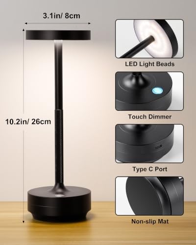 LED Cordless Lamp 5000mAh Table Lights Rechargeable 2-Pack Black