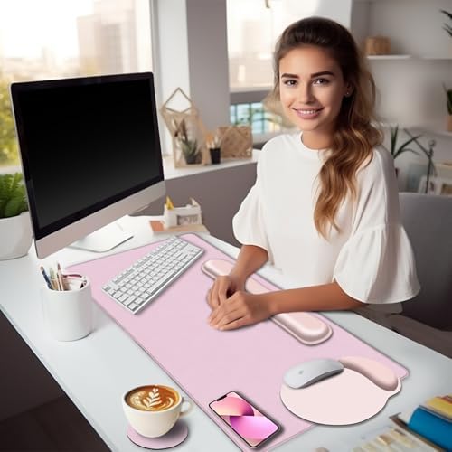 LIMKRIAN Pink Desk Mat Set, Mouse Pad with Wrist Rest & Keyboard Support