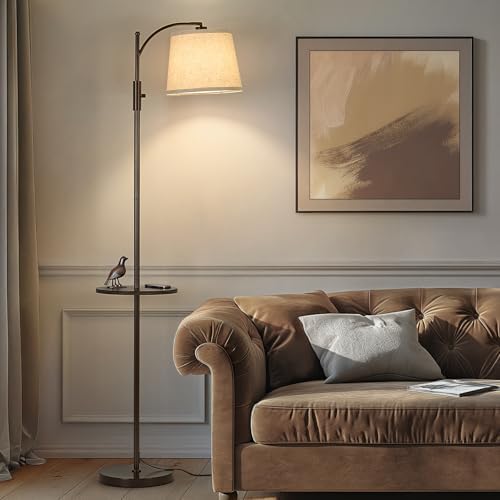 AIDENOEY Brown Floor Lamp with Table, Dimmable Standing Lamp, Living Room