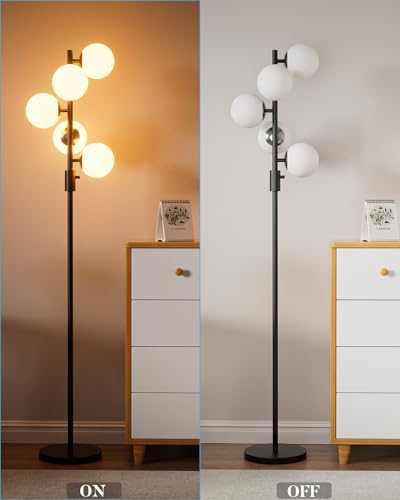 64IN Dimmable Black Floor Lamp, Tall Standing Lamps with 5 Globe Soft Warm White Eye Care 3000K G9 Bulbs, Mid Century Modern Floor Lamp with 5Lbs Heavy Base for Living Room Bedroom Office