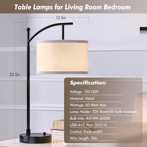 Table Lamp Set of 2, 23.5" Bedside Lamps with USB C+A Ports, Black