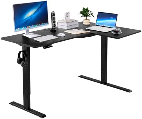 VEVOR Electric L Shaped Standing Desk 63"x39", 3 Memory Height Adjustable, Dual Motor Corner Sit Stand Up Desk with 2 Hooks, Heavy Duty Carbon Steel Computer Table Workstation, Easy to Assemble, Black