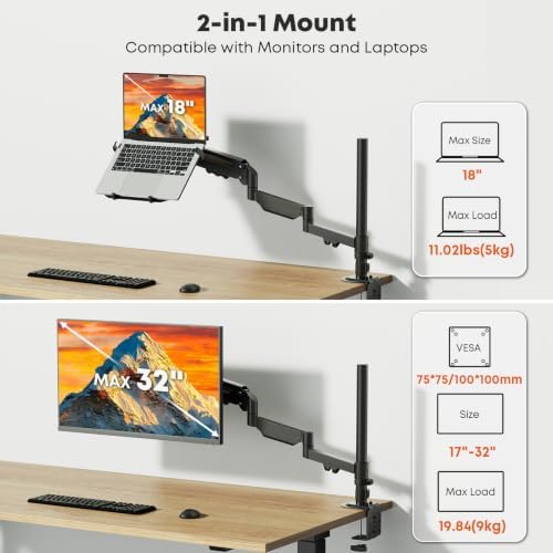 PUTORSEN Laptop Desk Mount for Max 18'' Laptop & 17-32'' Monitor