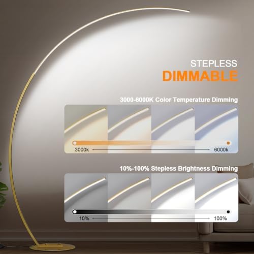 Dimmable LED Floor Lamp with 3 Color Temperatures, Ultra Bright 2000LM Gold Arc Floor Lamp, Modern Standing Tall Lamp with Remote Control Reading Floor for Bedroom Use Lamp for Office Classroom