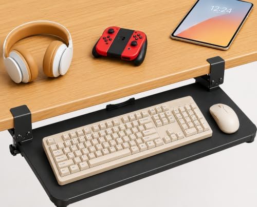 Under Desk Keyboard Tray Slide Out, 25 x 9.8 Inch Clamp-On Pull Out Drawer with Mouse Space, Ergonomic Keyboard Holder for Comfortable Typing at Home and Office