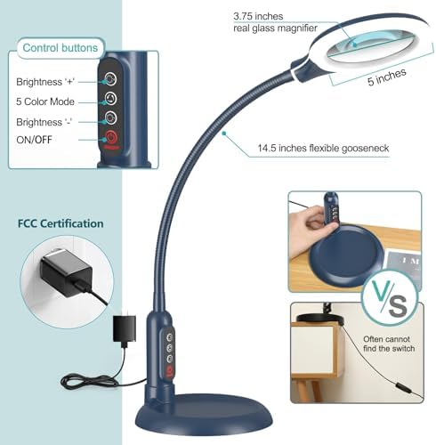 10X Magnifying Glass with Light and Clamp, 5 Color Modes Stepless Dimmable Lighted Magnifier with Stand, Flexible Gooseneck LED Desk Lamp Hands Free for Craft Painting Hobby Close Work - Blue