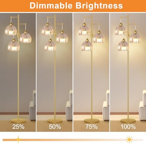 ZECOXOL Gold Floor Lamps for Living Room 3 Lights Floor Lamp with Glass Lampshape & Three Led Bulb,Mid Century Standing Lamp