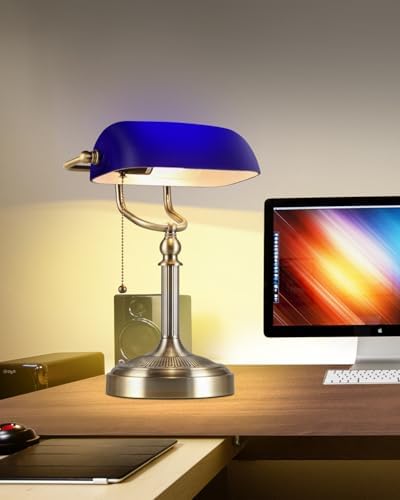 Blue Glass Bankers Desk Lamp,Plug in