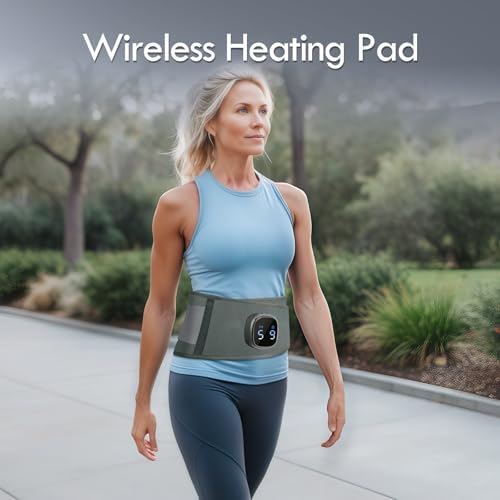 Comfytemp Cordless Portable Heating Pad with Massager for Lower Back Soothing, 9 Heat 5 Vibration 3 Intensity App Control, Rechargeable Cordless Wireless Heated with ifts for Mom Dad Senior, Grey