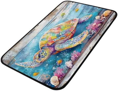 Summer Ocean Turtle Wood Door Mat Kitchen Mats, Indoor Outdoor Rugs, Cushioned Anti Fatigue Absorbent Kitchen Rug, Non-Slip Standing Desk Mat, Front Door Rug for Floor, Bathroom, Sink, 20"×39"