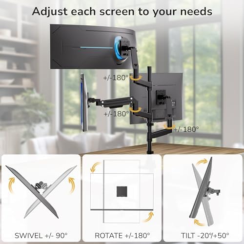 Mount-It! Heavy-Duty 2+1 Triple Monitor Mount, Stacked Ultrawide Desk Monitor Arm for One 49” Screen + Two 35” Monitors, 44 lb Gas Spring Arms, Clamp & Grommet Mount