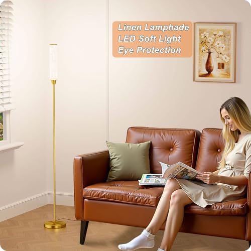 Nukanu Floor Lamp with Remote Control,brassgold,Linen lampshade