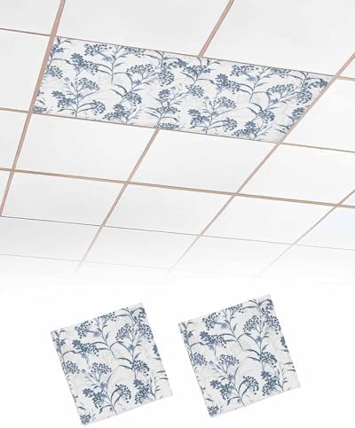 Blue Floral Plant Magnetic Fluorescent Light Covers for Ceiling Lights 2 x 4 Feet,Grey Modern Minimalist White Floral Spring Summer Office Classroom Kitchen Drop Ceiling Light Filter Covers 2 Packs