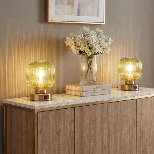Elenhome Touch Table Lamp Set of 2, 3-Way Dimmable with Glass Shade, USB-C+A Charging Ports, Mid-Century Modern Small Bedside Lamps for Nightstand, Bedroom, and Living Room, LED Bulb Included (Green)