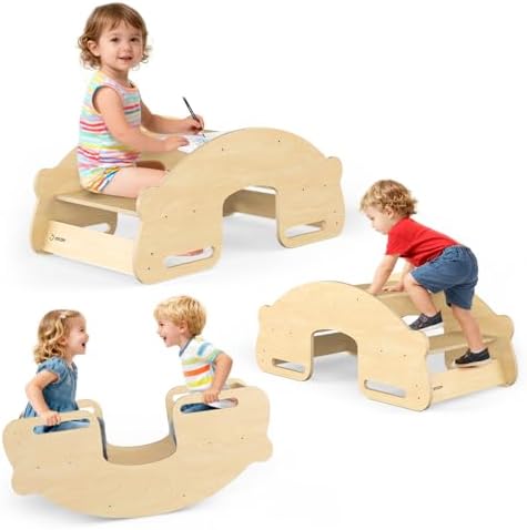 3-in-1 Kids Table and Chair and Kid Seesaw - Convertible Activity Table with Twin Chairs Montessori Balancing Toy,Teeter Board for Children,Birchwood