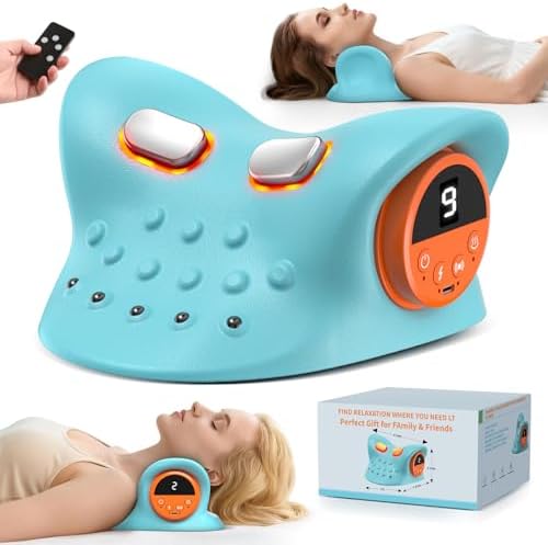 Smedz Neck Massager 2026, 4-in-1 Portable Traction Device with Heat & Vibration, 3D C-Shape Cervical Pillow, Adjustable Intensity & Wireless Remote for Home Office Travel