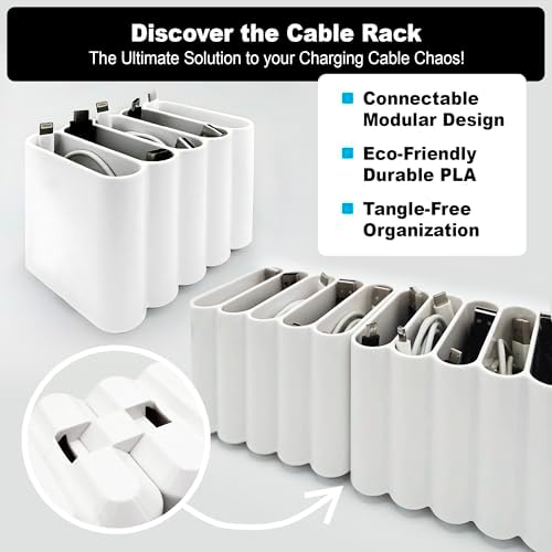 Cable Management Organizer Cord Management, Multiple Slots for Home, Office, Desk, Workshop, Durable Plastic Connectable Cable Organizer, Tangle-Free, Expandable Storage, White