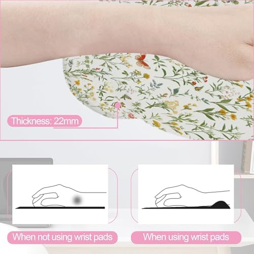 Wildflowers Butterfly Mouse Pad with Wrist Rest and Keyboard Wrist Rest Set, Vintage Garden Plants Herb Flower Non-Slip Rubber Base Memory Foam Mouse Pad Set for Women, Office Desk Accessories, Gaming