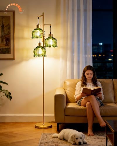 Lightdot Green Glass Floor Lamp Dimmable with LED Bulbs & Flower Shade