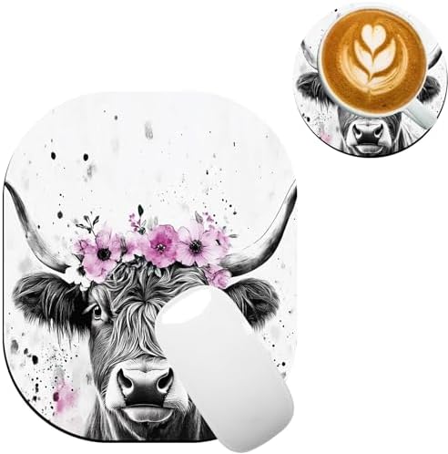 Small Mouse Pad，Mini Mouse Pad 6 x 7 Inch，for Laptop Keyboard Tray Wireless Mouse Home Office Travel，with Non-Slip Rubber Base, Waterproof Mouse Mat，Highland Cow Flower Crown