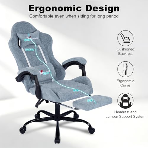 Fabric Gaming Chair for Adults, Ergonomic Computer Office Desk Chair with Footrest,Pocket Spring Cushion, Reclining High Back Silla Gamer for Home Office, Blue