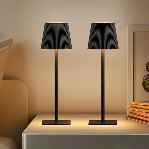 LUTEC 2 Pack Cordless Table Lamp,6000mAh Rechargeable Battery Operated Desk Lamp,Two Adjustable Heights,Waterproof, Touch Control & 3 Color Stepless Dimming for Restaurant/Bedroom/Bars/Outdoor (Black)