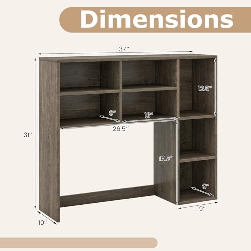 Tangkula Desktop Bookshelf, 37" Countertop Storage Hutch with 7 Cubes & 3 Adjustable Shelves, 3-Tier Desk Display Rack Organizer, Multipurpose Wood Desktop Hutch for Dorm Home Office (Grey)