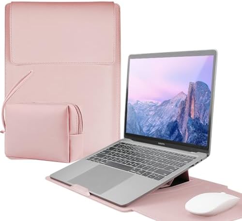 4-in-1 Laptop Sleeve with Stand and Mouse Pad, Faux Leather Protective Case with Accessory Pouch for 13.3-14 Inch Laptops, Pink