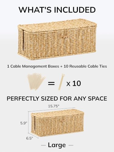 Cable Management Box, Cord Organizer with Lid & Cable Ties - Natural,L