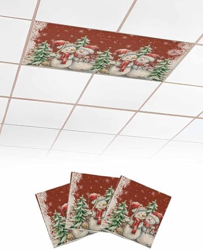Red Christmas Magnetic Fluorescent Light Covers for Ceiling Lights 2 x 4 Feet,Snowman Snowflakes Green Pine Tree Retro Office Classroom Kitchen Drop Ceiling Light Covers Filters Shade Panel 3 Packs