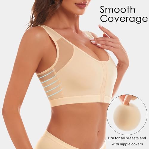 Front Closure Posture Corrector Wireless Bra Back Support Comfy Unlined Bras Full Coverage Bra with Nipple Covers