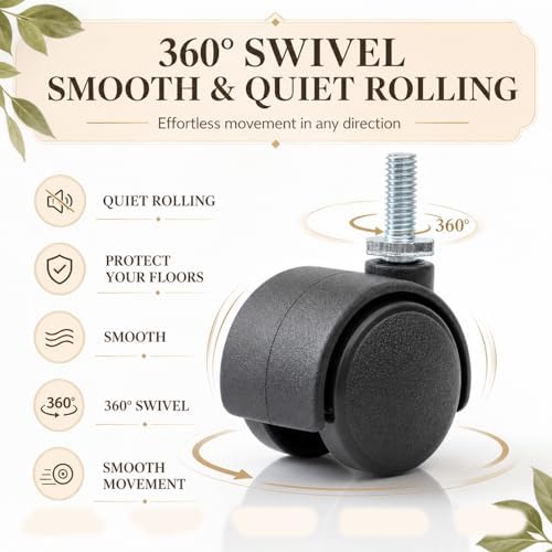 BBTO 8 Pcs 1 Inch M6 Swivel Stem Casters Wheels Replacement, M6 Threaded Stem Caster, Heavy Duty 360° Standing Desk Wheels, No Noise, Black Nylon, for Cart Furniture Table Cabinet Shelf