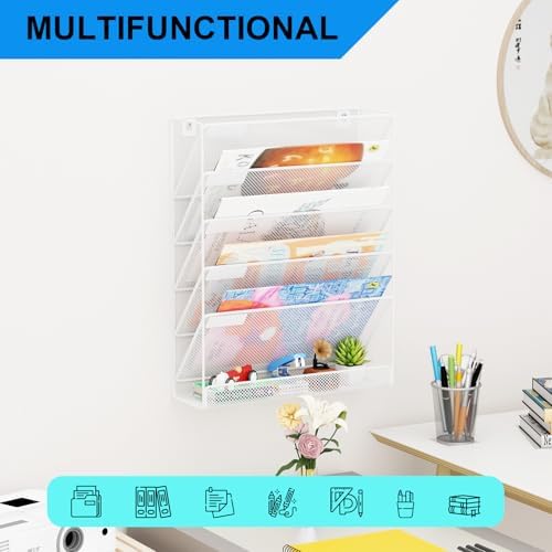 Wall File Organizer Holder Mesh Hanging Paper Document Holder,Vertical 6 Pocket Tier for Office Home, White
