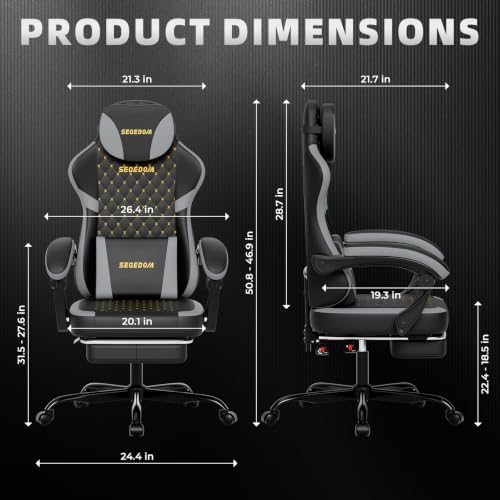 Ergonomic Gaming Chair with Footrest & Massage Lumbar Pillow, Height Adjustable 360° Swivel Computer Chair, Linked Armrest & Headrest for Office Gaming (Black Grey)