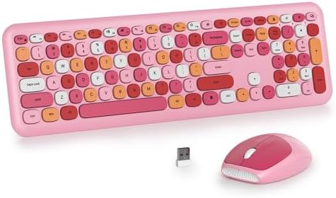 Surmen Cute Colorful Pink Keyboard and Mouse Wireless Silent, Full-Size Retro Typewriter Wireless Quiet Office Keyboard Low-Noise 2.4GHz for Computer, Desktop, Laptop(6-Colorful Pink)