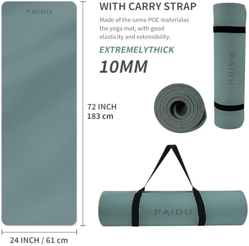 PAIDU POE Yoga Mat （10mm）Extra Thick Fitness Mat 72"x24" with Carry Strap