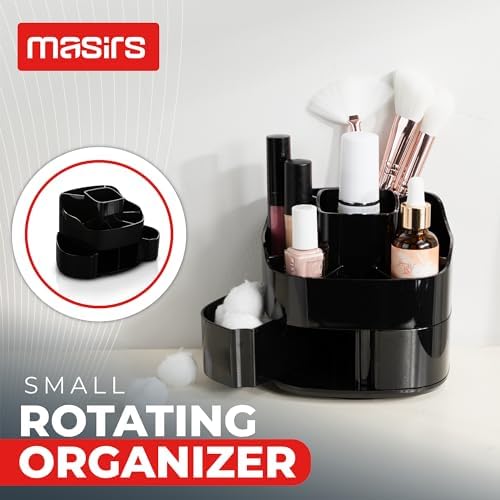 Masirs Small 360 Rotating Makeup Organizer, 5 Compartments, Square Black