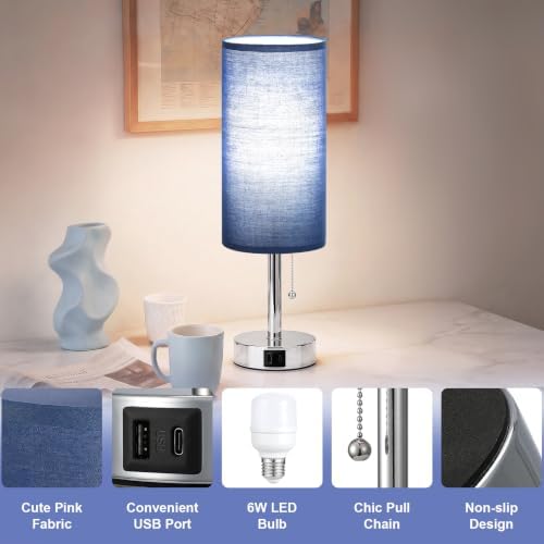 Blue Bedside Table Lamp for Bedroom - Small Nightstand Lamp for Girls