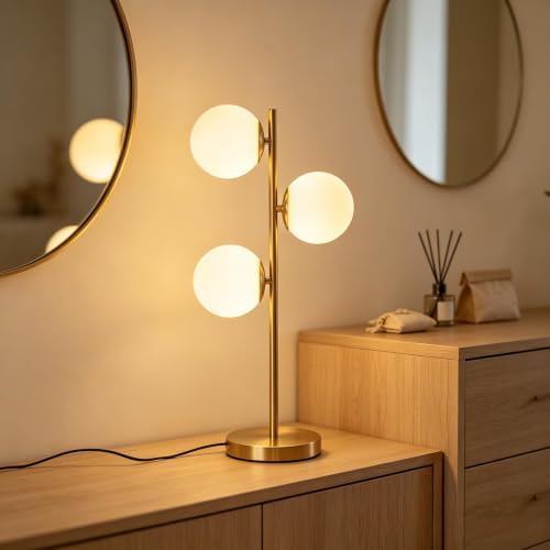 Mid Century Modern 3-Light Table Lamp, Gold Glass Globe Nightstand Light with 3 Color Temperatures, LED Bedside Lamp for Bedroom Living Room Office